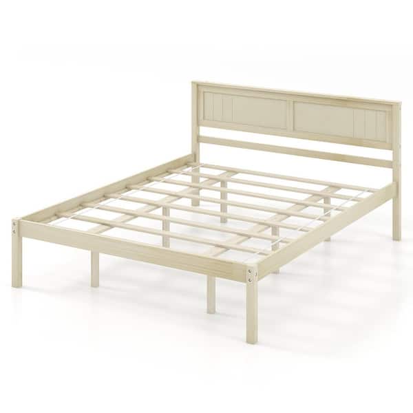 Costway Natural Yellow Wood Frame Queen Size Platform Bed Frame with Headboard Mattress Foundation