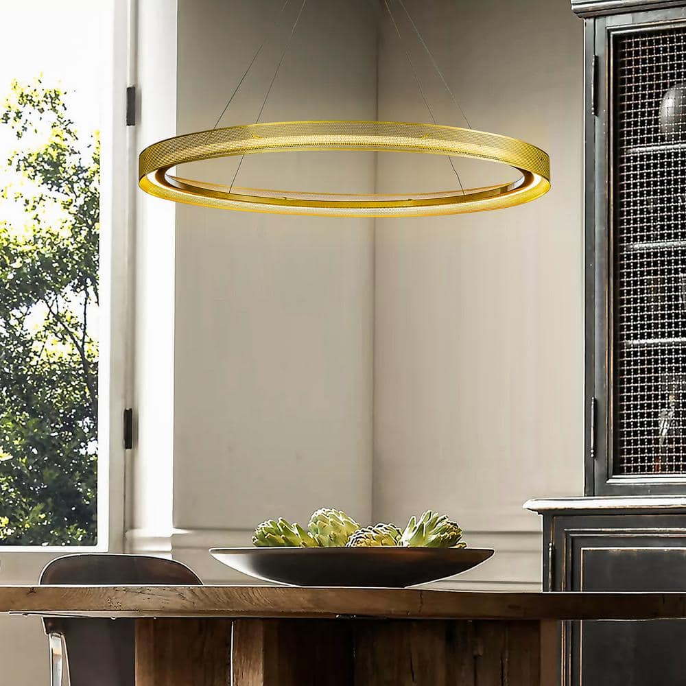Modern and Contemporary 1-Light Round Pendant Antique Gold LED Ring Chandelier