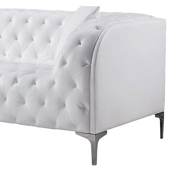 Benjara Leatherette White Upholstered Tufted Sofa With Accent Pillows And Steel Feet Bm194613 The Home Depot