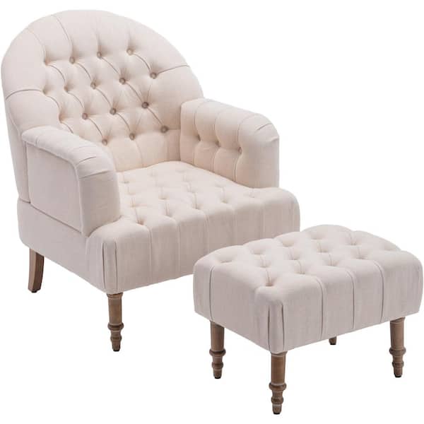 Unbranded Modern Beige Soft Cozy Linen Nailhead Trim Button Tufted Upholstered Sofa Chair with Ottoman