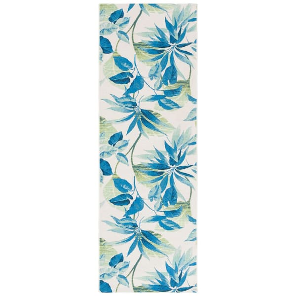 Barbados Ivory/Blue 3 ft. x 8 ft. Botanical Leaf Indoor/Outdoor Runner Rug