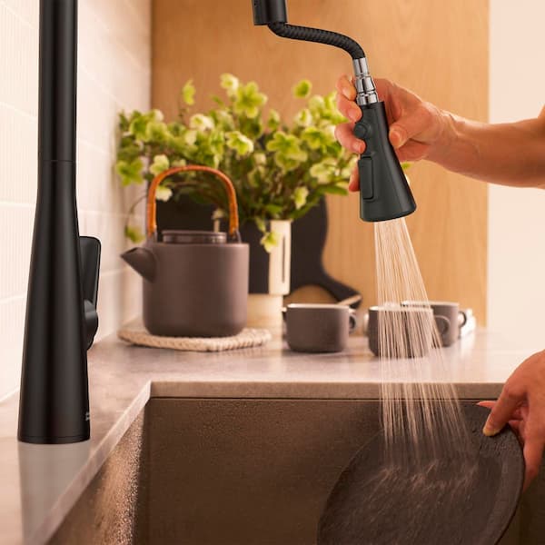 Aspirations 18 in. Single Handle Pull Down Triple Sprayer Kitchen Faucet with 360° Swivel Spout in Matte Black