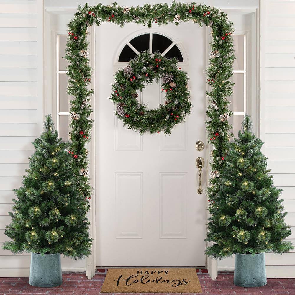 4' Green Pre-Lit Pine Christmas Tree with Metal Pot
