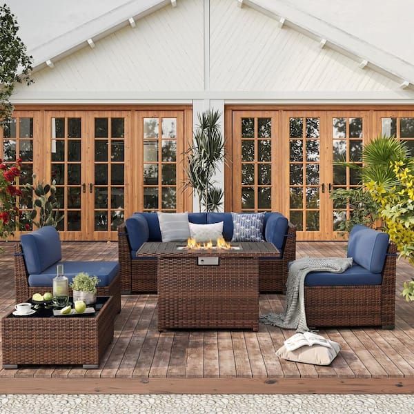 6-Piece Brown Wicker Patio Conversation Set with Cushions