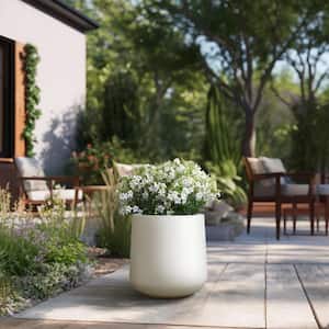 Lightweight 12in. x 13.5in. Crisp White Extra Large Tall Round Concrete Plant Pot / Planter for Indoor & Outdoor