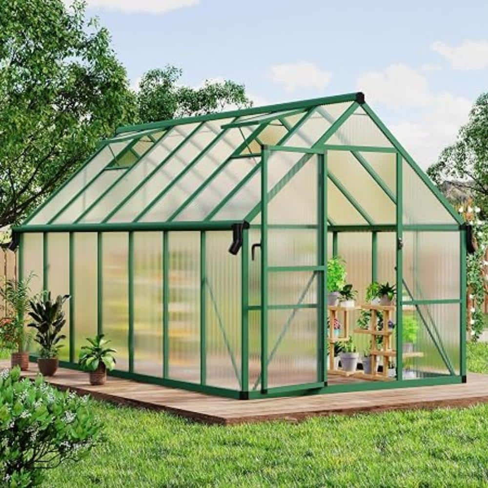 8x14 FT Polycarbonate Walk-in Greenhouse, Aluminum Frame with Lockable Door & Adjustable Roof Vent, Green price history on PriceWatchPro