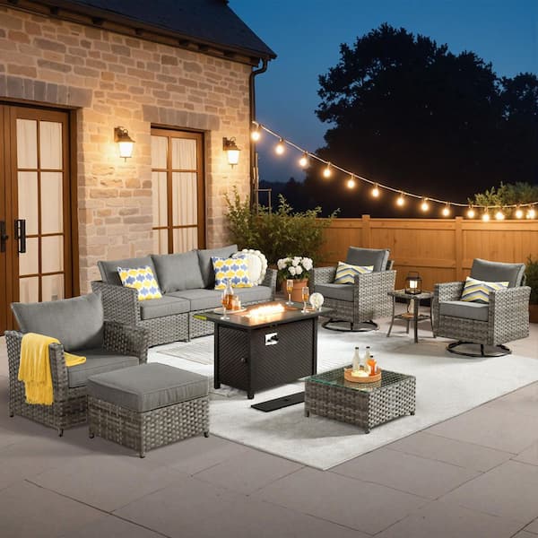 Toject Eufaula Gray 10-Piece Wicker Patio Fire Pit Conversation Sofa Set with Swivel Rocking Chairs and Dark Gray Cushions