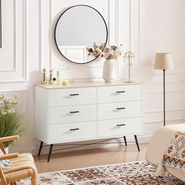 Tahanbath Modern White and Oak 6-Drawer Dresser with Deep Storage: Ideal for Bedroom, Closet, or Living Room