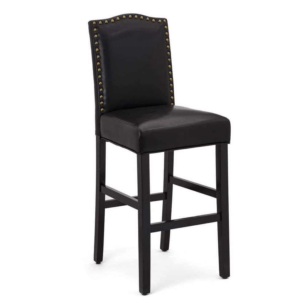 Black Leather Upholstered Bar Stools with Wood Legs, Set of 4