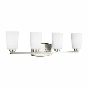Franport 29 in. 4-Light Brushed Nickel Traditional Chic Wall Bathroom Vanity Light with White Glass Shades and LED Bulbs