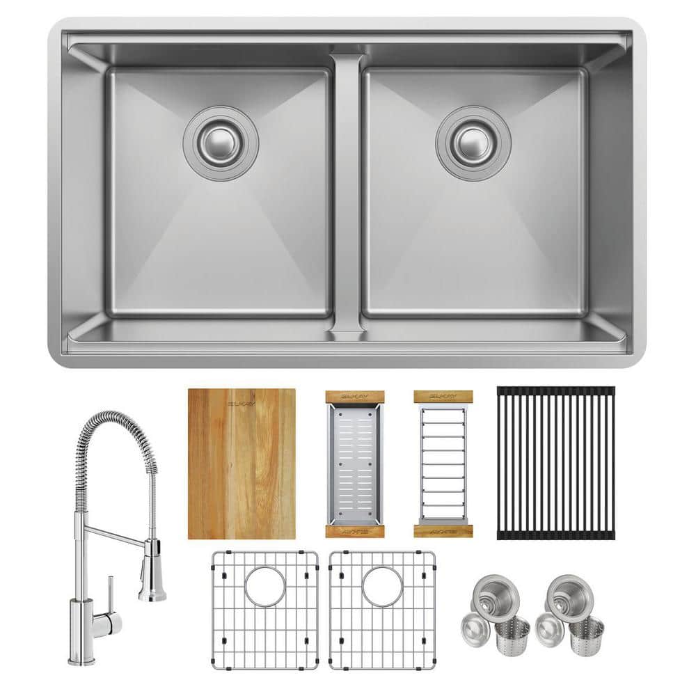 Elkay Crosstown 18-Gauge Stainless Steel 31.5 in Double Bowl Undermount Workstation Kitchen Sink with Aqua Divide and Faucet, Polished Satin -  ECTRUA31169TFCW