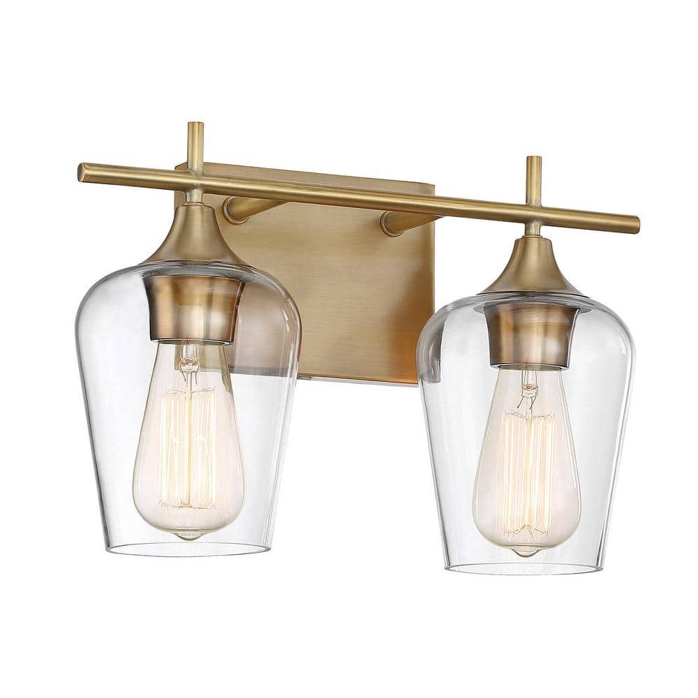 Warm Brass 2-Light Vanity Fixture with Clear Glass Shades