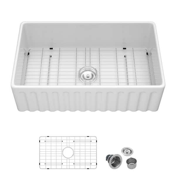 36 in. Single Bowl Cermaic Farmhouse Apron Kitchen Sink in White with Bottom Grids and Basket Strainer