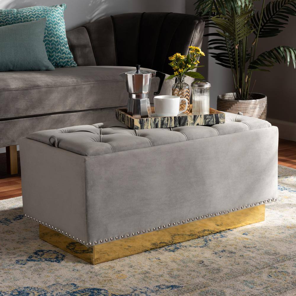Luxurious Grey Velvet and Gold PU Leather Tufted Storage Ottoman
