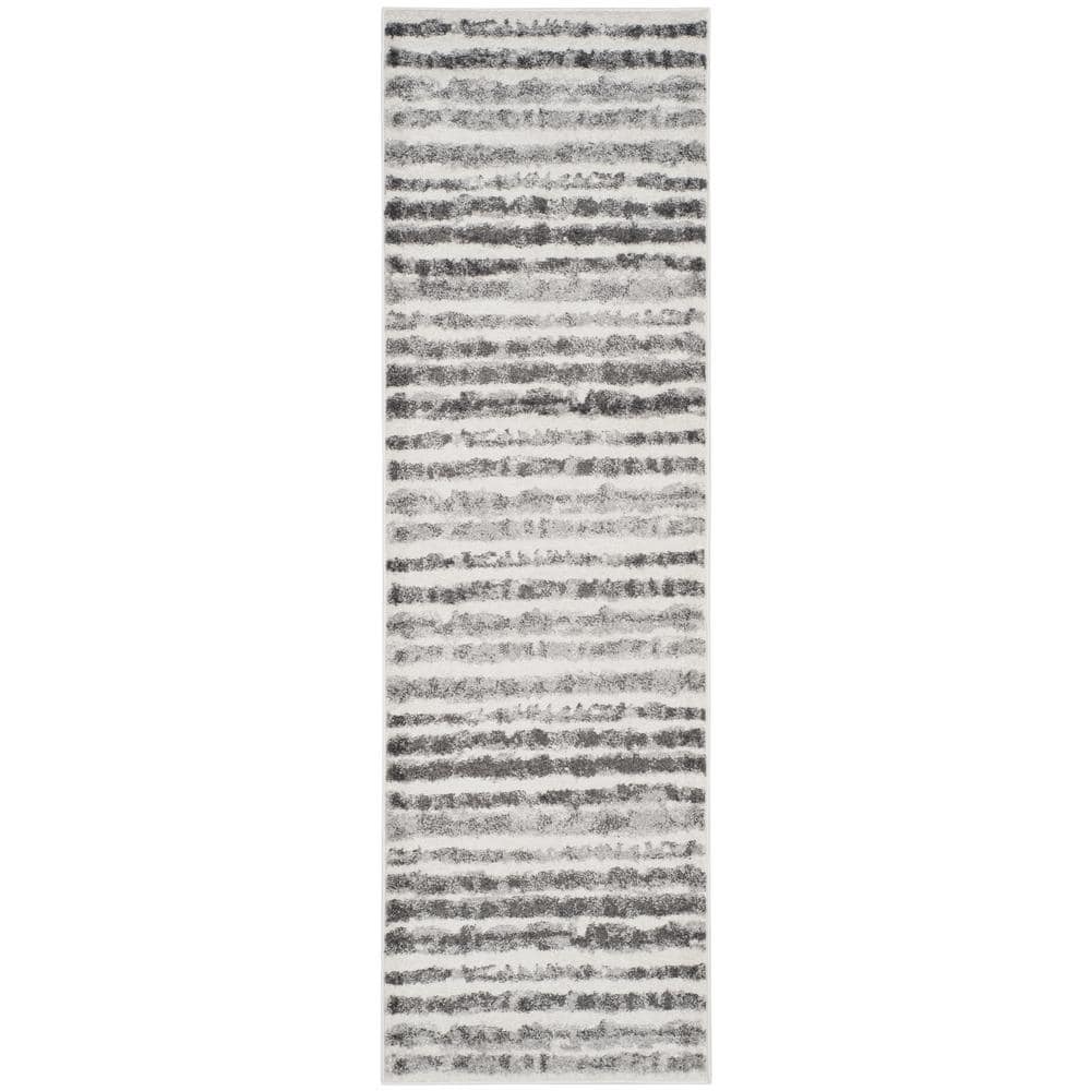 Ivory and Charcoal Striped Synthetic Modern Runner Rug