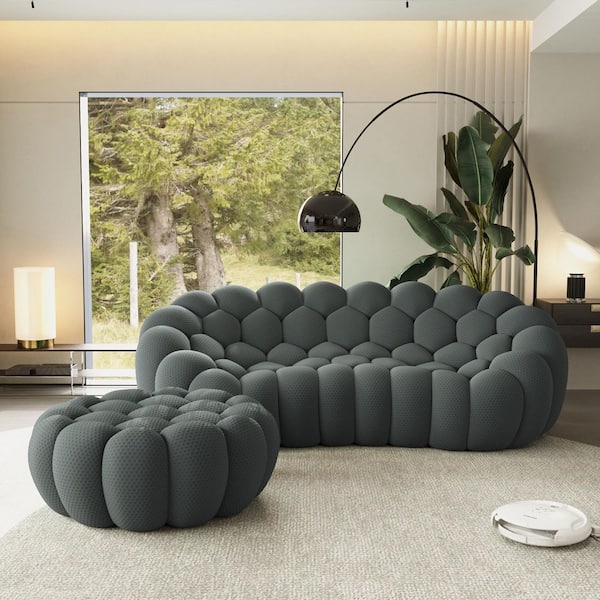 98 in. 3-Seater Bubble Curved Couch with Ottoman Deep Seat Floor Sofas for Office, Apartment in Dark Gray