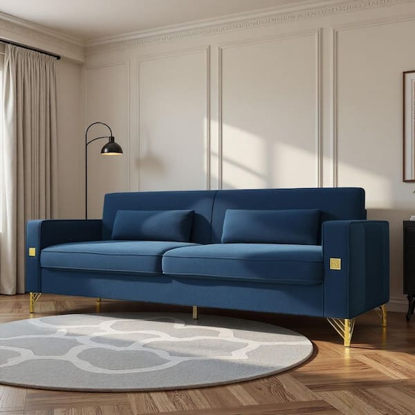 Ulema 85.63 in. W Square Arms Velvet Rectangle Sofa in Blue with Gold Accents, Modern 3-Seat Couch with Plush Cushions
