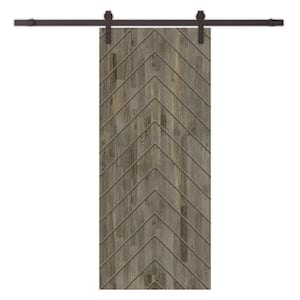 Herringbone 30 in. x 80 in. Fully Assembled Weather Gray Stained Wood Modern Sliding Barn Door with Hardware Kit