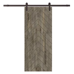 Herringbone 36 in. x 96 in. Fully Assembled Weather Gray Stained Wood Modern Sliding Barn Door with Hardware Kit