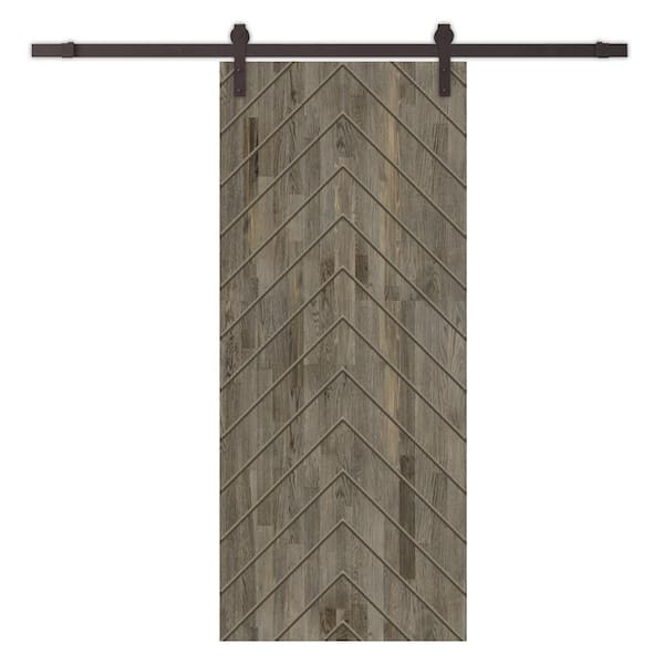 CALHOME Herringbone 36 in. x 96 in. Fully Assembled Weather Gray Stained Wood Modern Sliding Barn Door with Hardware Kit