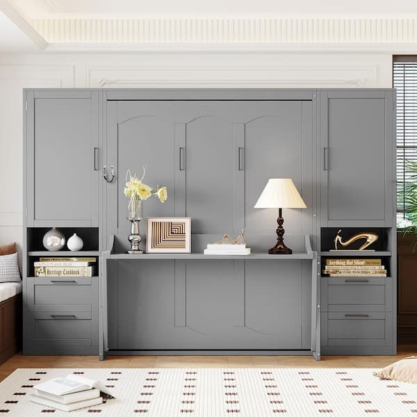 Gray Wood Frame Queen Size Murphy Bed with Closet, Drawers and Shelves