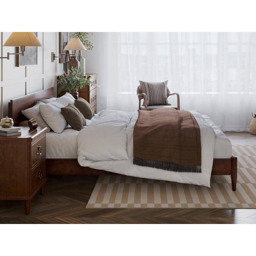 Aria King Walnut Wood Low Profile Platform Bed with Headboard