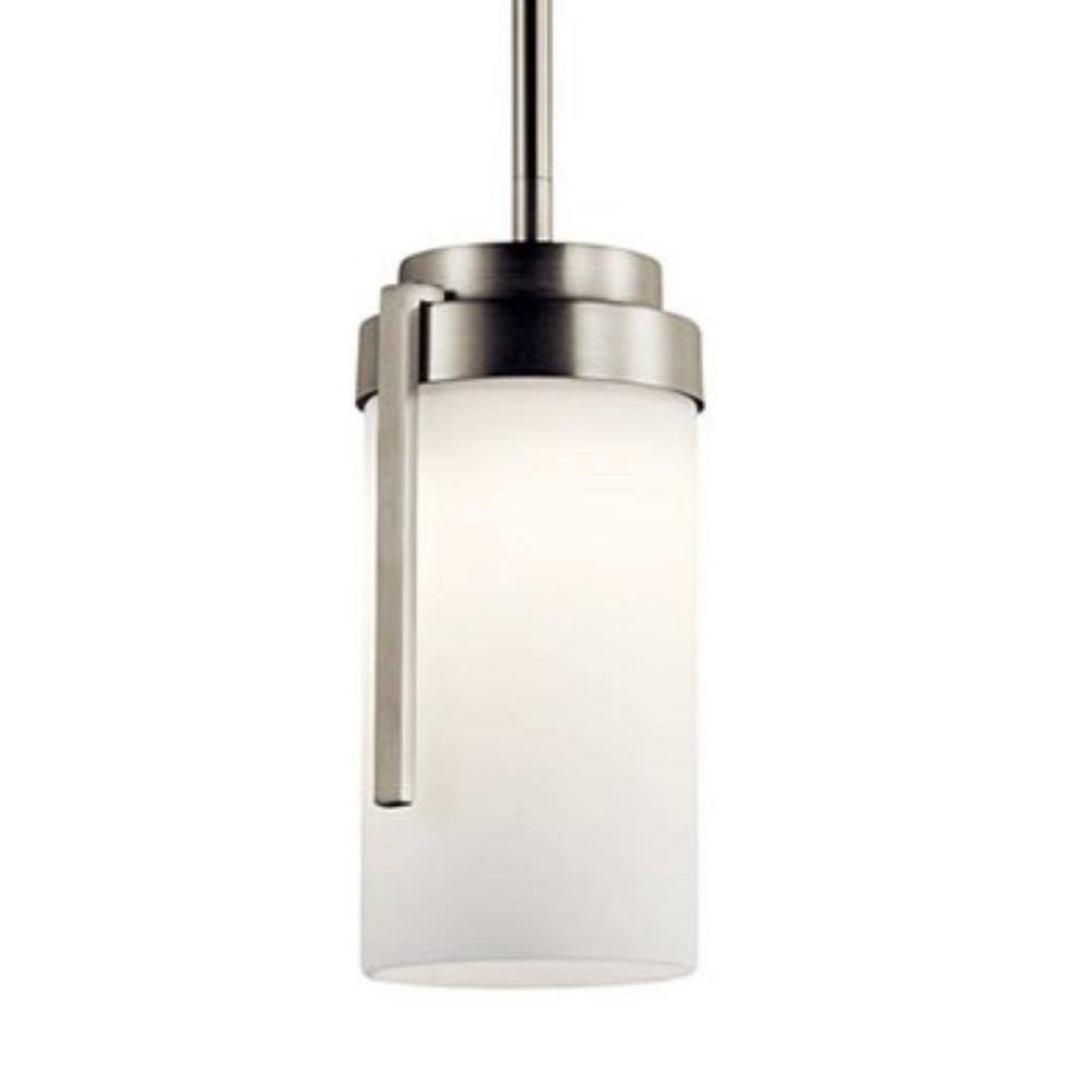 Transitional Mini LED Pendant in Brushed Nickel with White Glass Shade