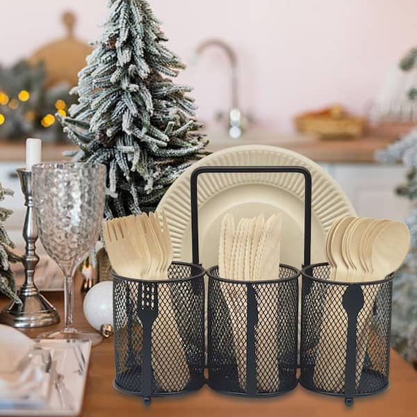 4-Compartment Metal Mesh Utensil Caddy, Black Silverware Holder Flatware Storage Basket for Kitchen Countertop