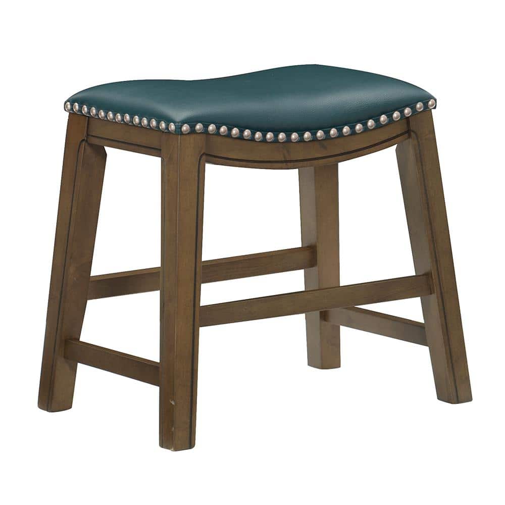 Green Backless Saddle Style Wood and Leather Counter Stool