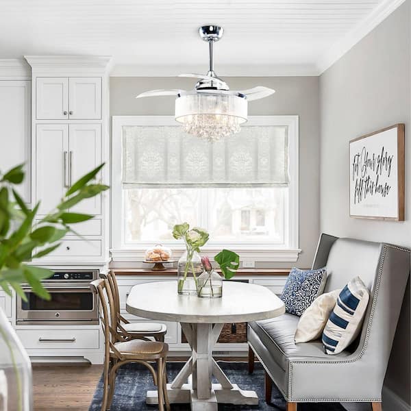 36 in. Indoor Chrome Retractable Crystal Chandelier Ceiling Fan with Light and Remote Control