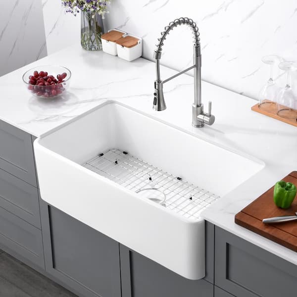 LUXIER 30 in. Rectangular Farmhouse Apron Single Bowl White Ceramic Kitchen Sink with Grid and Strainer