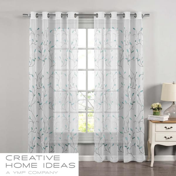 CREATIVE HOME IDEAS Wavy LeavesTurquoise Blue White 54 in. W x 96 in. L Embroidered Grommet Sheer Curtain (Single Panel)