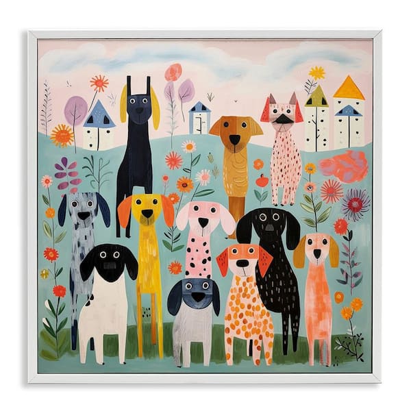 Patterned Dogs in Yard by Lazar Studio White Framed Giclee Art Print Animal 12 in. x 12 in.