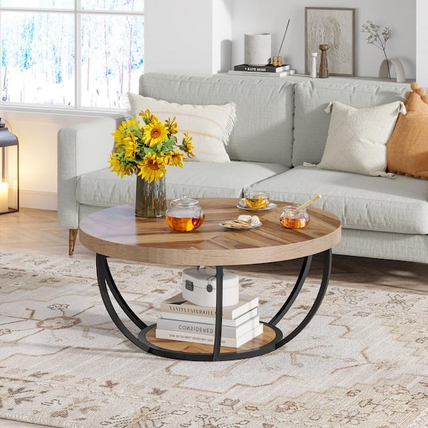 Inaayah 31.7 in. Wood Color Small Round MDF Coffee Table with Storage, Modern Industrial Center Table for Living Room