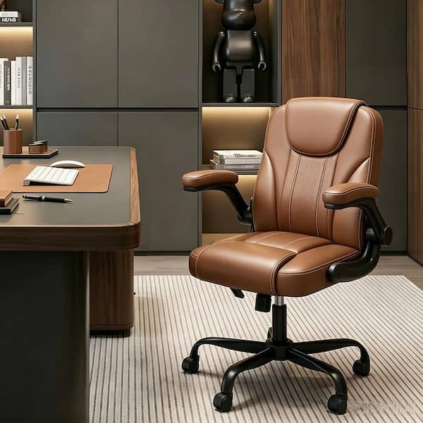 Ergonomic PU Leather Swivel Executive Chair in Brown with Adjustable Height,Lumbar Support,Flip-Up Armrests for Office