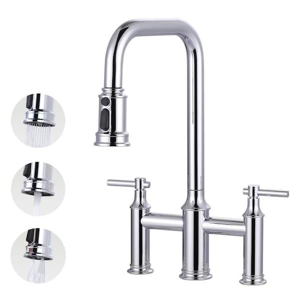 Double Handle Bridge Kitchen Faucet with Pull-Down Spray Head, Deck Mount 3 Holes Kitchen Sink Faucet in Polished Chrome