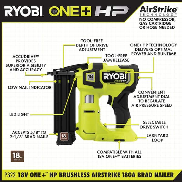 RYOBI P322 ONE+ HP 18V 18-Gauge Brushless Cordless AirStrike Brad Nailer  (Tool Only) 
