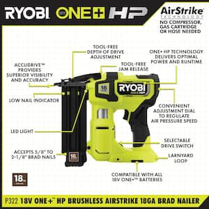 ONE+ HP 18V 18-Gauge Brushless Cordless AirStrike Brad Nailer (Tool Only)