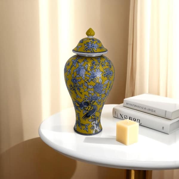Chris Yellow and Blue Round Ceramic 9.5 in. Decorative Lidded Jar