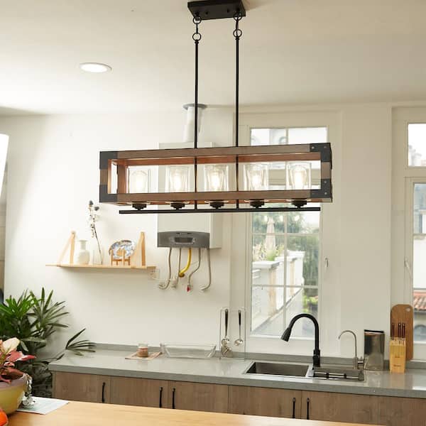 5-lights Brown Farmhouse Kitchen Island Lighting，Dining Room Chandelier
