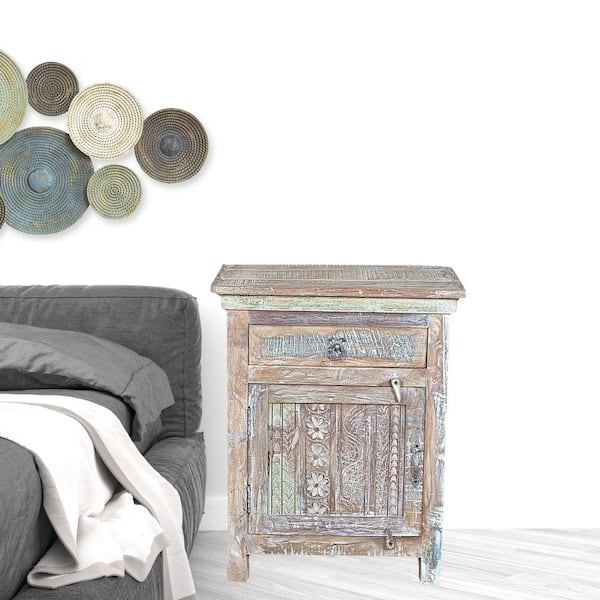 HomeRoots 30 in. Distressed White One Drawer Embossed Floral Solid Wood Nightstand
