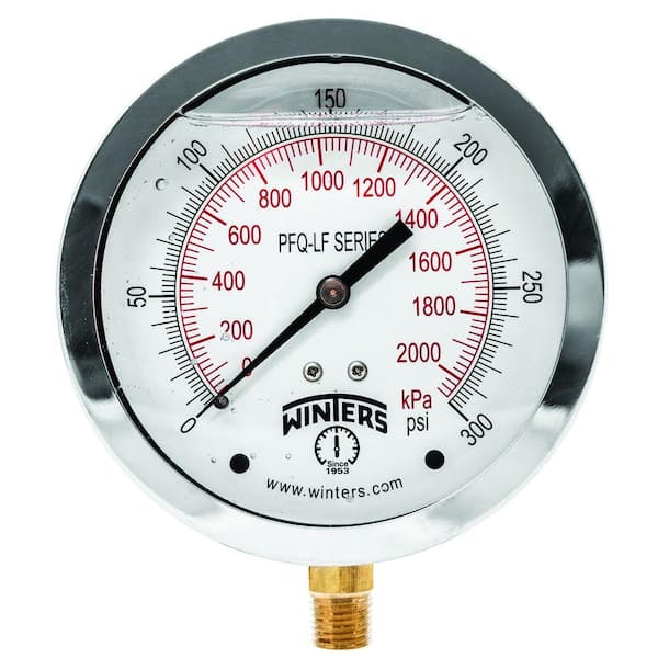 Winters Instruments PFQ-LF 4 in. Lead-Free Brass Stainless Steel Liquid Filled Pressure Gauge with 1/4 in. NPT BTM and 0-300 psi/kPa
