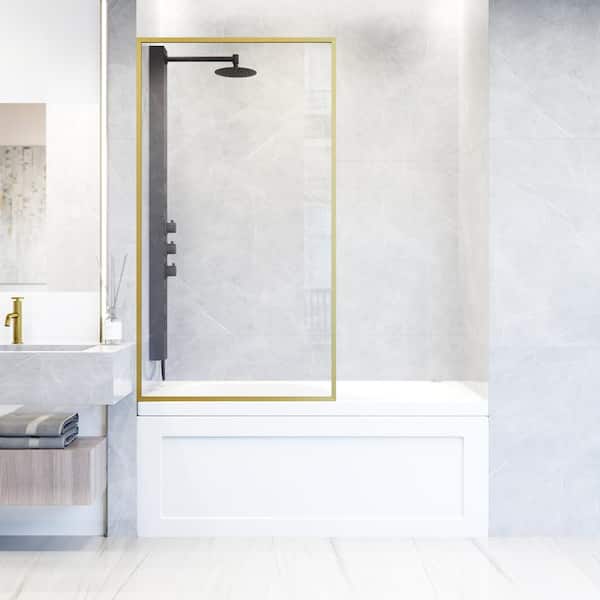 VIGO Meridian 34 in. W x 62 in. H Framed Fixed Tub Screen Door in Matte Brushed Gold with 3/8 in. (10mm) Clear Glass