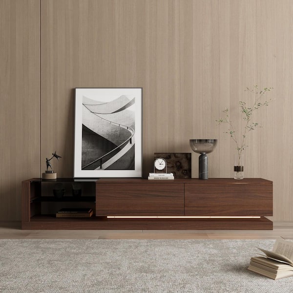 Brown Wooden Grain TV Stand Entertainment Center Fits TV's up to 90 in, with 2-Open Shelf and 2-Drawer
