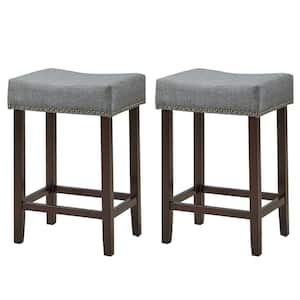 24 in. Gray Backless Wooden Nailhead 24 in. Upholstered Saddle Bar Stools with Wooden Legs (Set of 2)