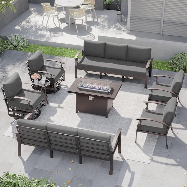 Halmuz 10-Seat Aluminum Patio Fire Pit Set with Armrest, Swivel Rocking Chairs, Coffee Table and Black Cushions