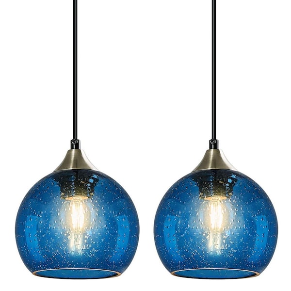 Home Lighting ‎60 Watts 1-Light 5.9 in. Blue Glass Pendant Light for Kitchen Island Bedroom, No Bulbs Included, (2-Pack)