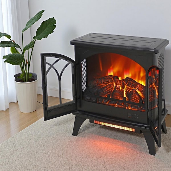 24 in. 3D Flame Freestanding Electric Fireplace in Black Infrared Quartz Stove with Remote Control