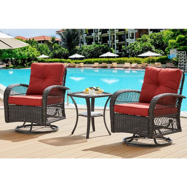 3-Piece Wicker Outdoor Rocking Chair Set (2-Chairs Plus 1-Glass Top Side Table) with Red Cushion