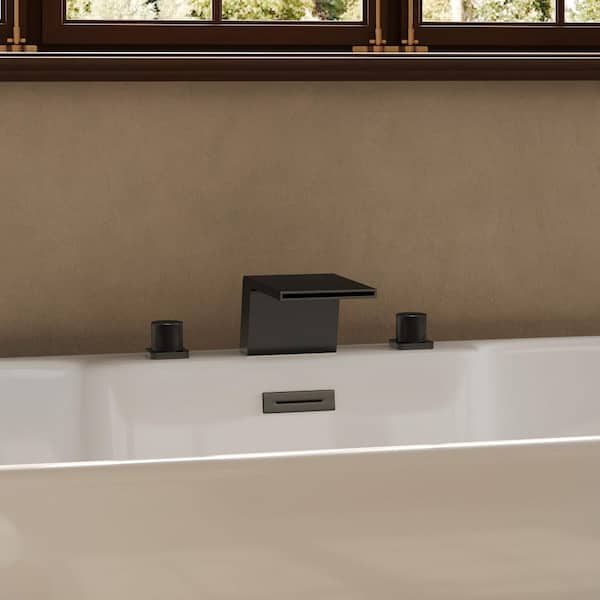 SerenityStream Widespread Double Handle Deck Mounted Roman Tub Faucet Waterfall Bathtub Faucet 5. 5 GPM in Matte Black